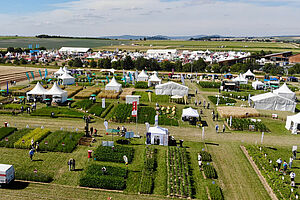 Drone photo of a big field with tents and different crops, people in between