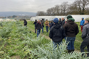 Mehrere warm gekleidete Menschen stehen neben einem Gemüsefeld, im Hintergrund Gewächshäuser