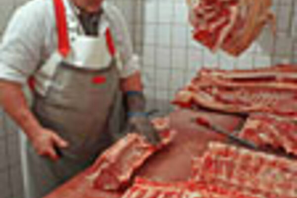 Metzger beim Zerlegen von Schweinefleisch