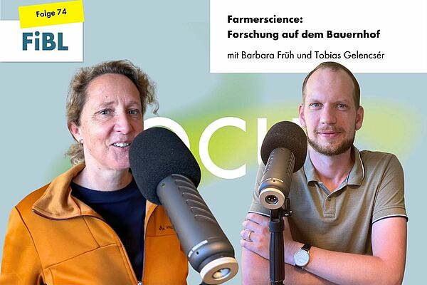 Eine Frau und ein Mann hinter Podcast-Mikrofonen.